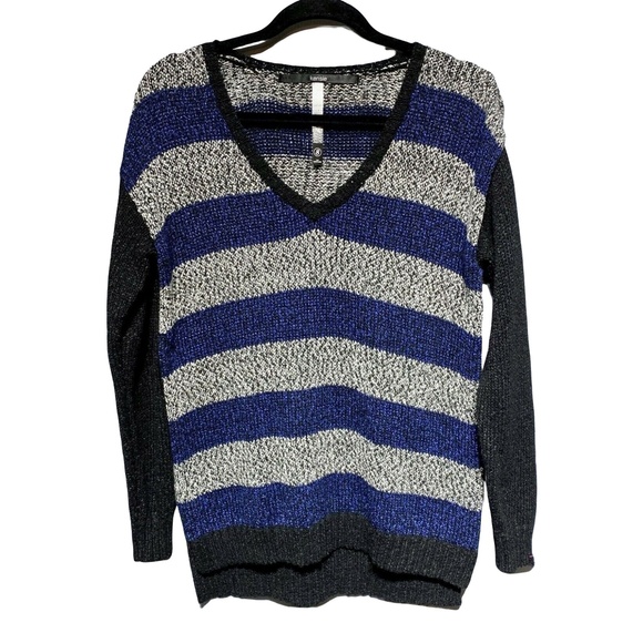 Kensie Sweaters - Kensie Womens V-Neck Sweater Blue Gray Black Striped Long Sleeve Pullover S